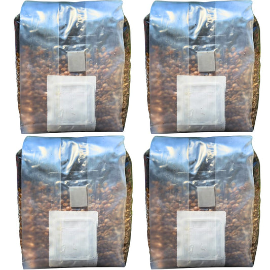 Four packages of mushroom seeds on a white background