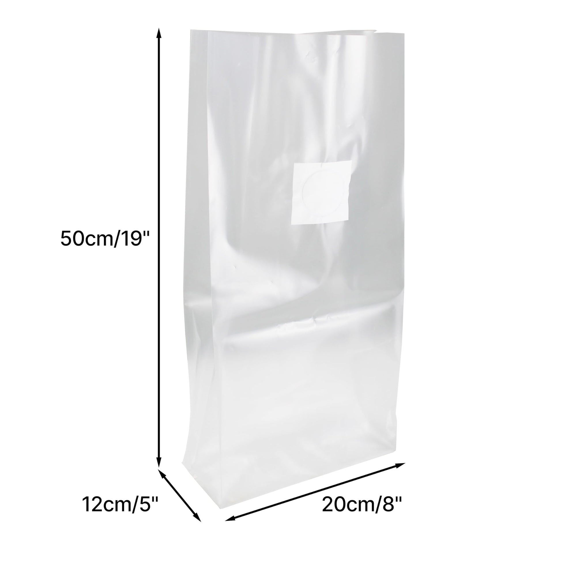 Clear bag with dimensions labeled on a white background