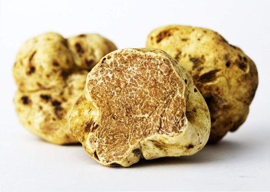Close-up of three truffles on a white background