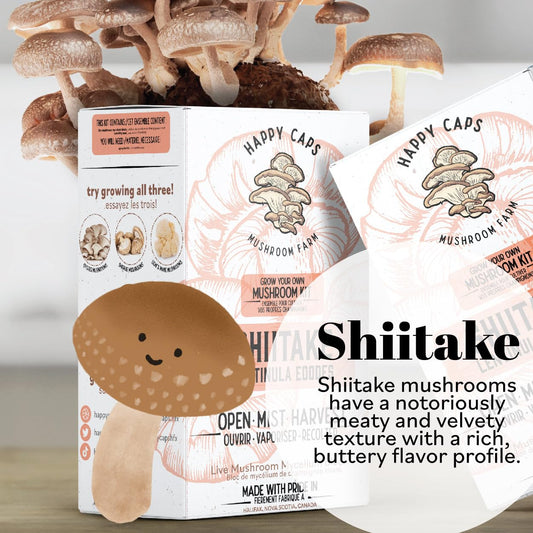 Happy Caps mushroom farm packaging with shiitake mushrooms and text about their flavor profile.
