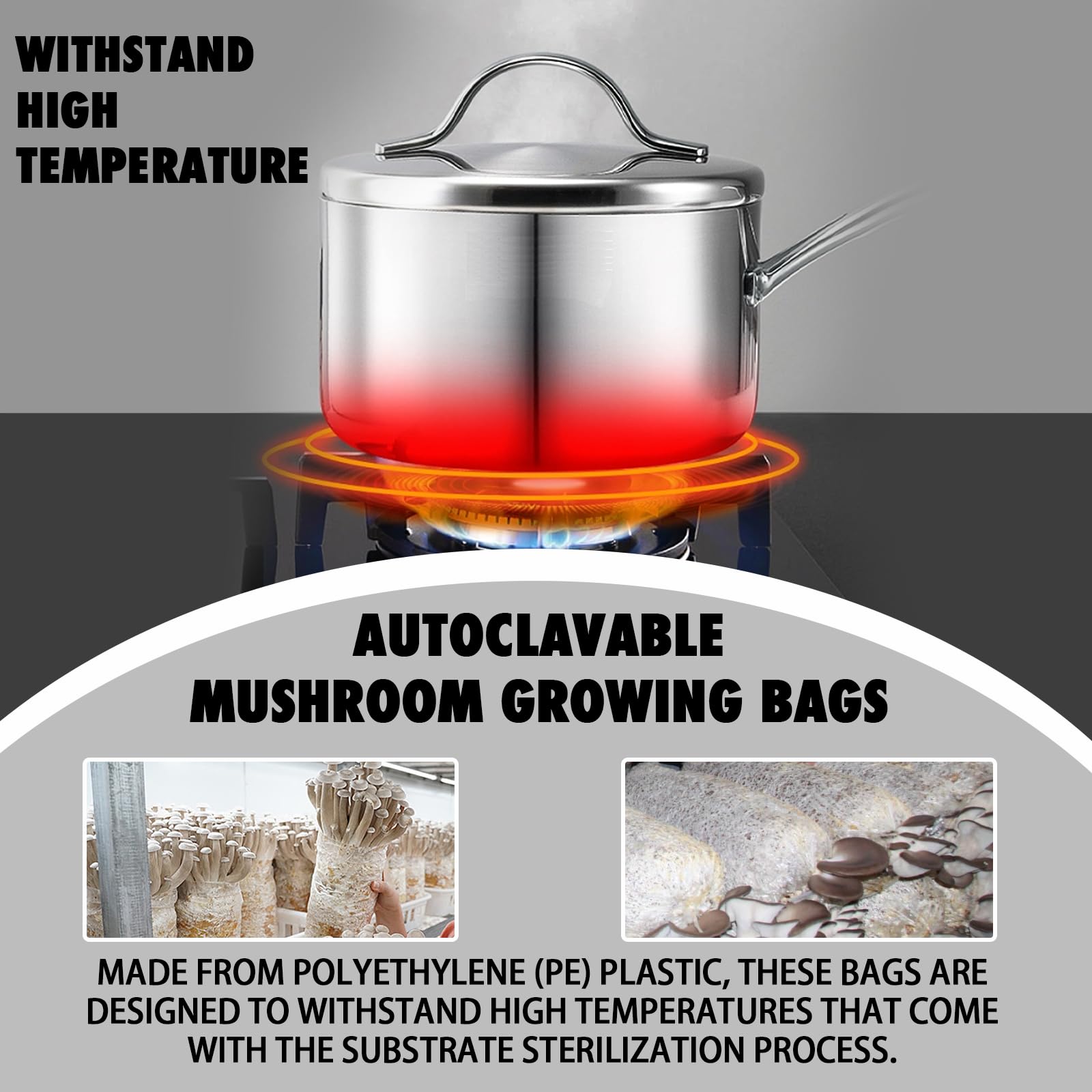 Stainless steel pot with lid on a stove, autoclavable mushroom growing bags with text about high temperature resistance.