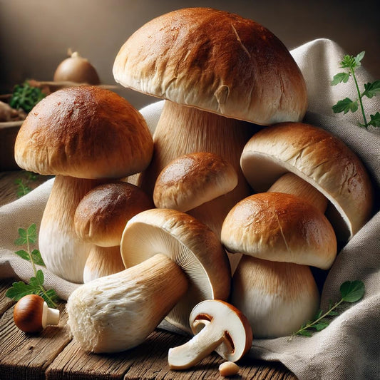 Mushrooms on a wooden surface with a cloth background