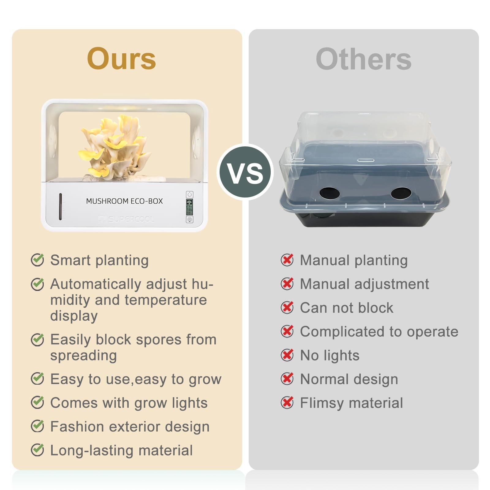Comparison chart between 'Ours' mushroom eco-box and 'Others' alternatives on a beige and gray background.