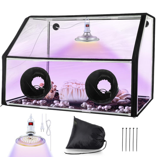 Glowing purple light inside a transparent box with black frames, surrounded by gardening equipment.