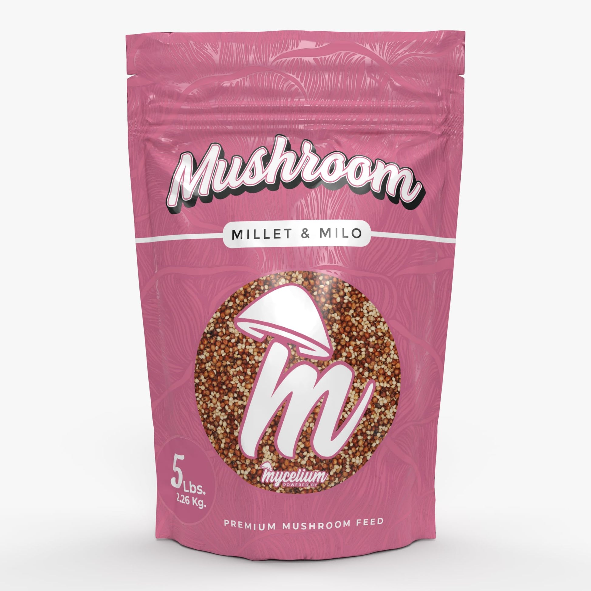 Pink package of Mushroom Millet & Milo with brand logo on a white background