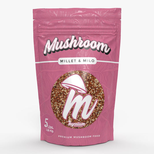 Pink package of Mushroom Millet & Milo with brand logo on a white background