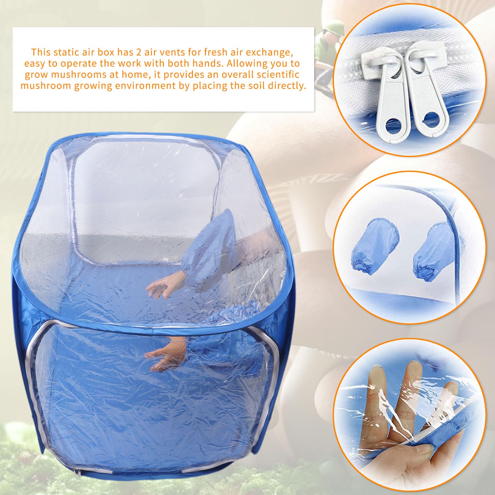 Blue mushroom growing box with air vents and soil placement instructions.