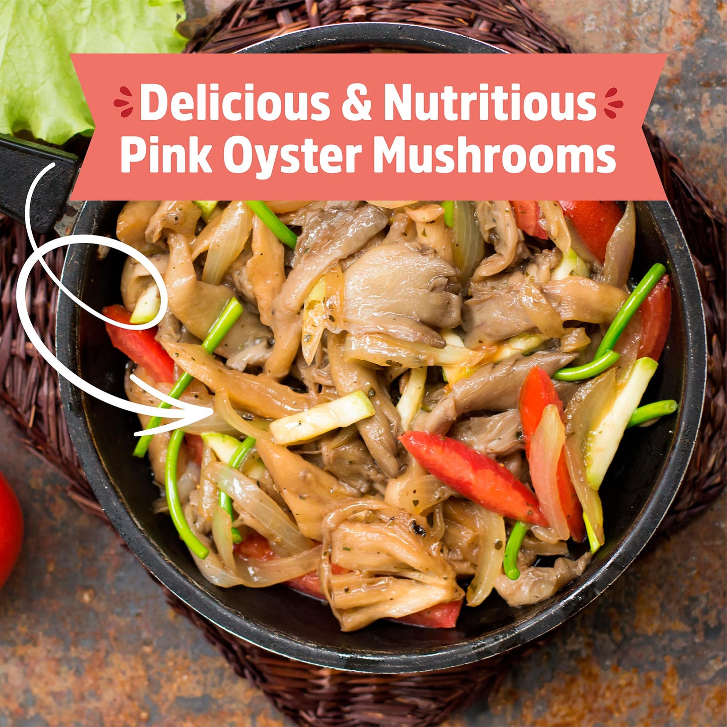 Pink oyster mushrooms with vegetables in a bowl on a rustic surface, with text overlay.