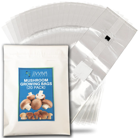Mushroom growing bags with packaging on a white background
