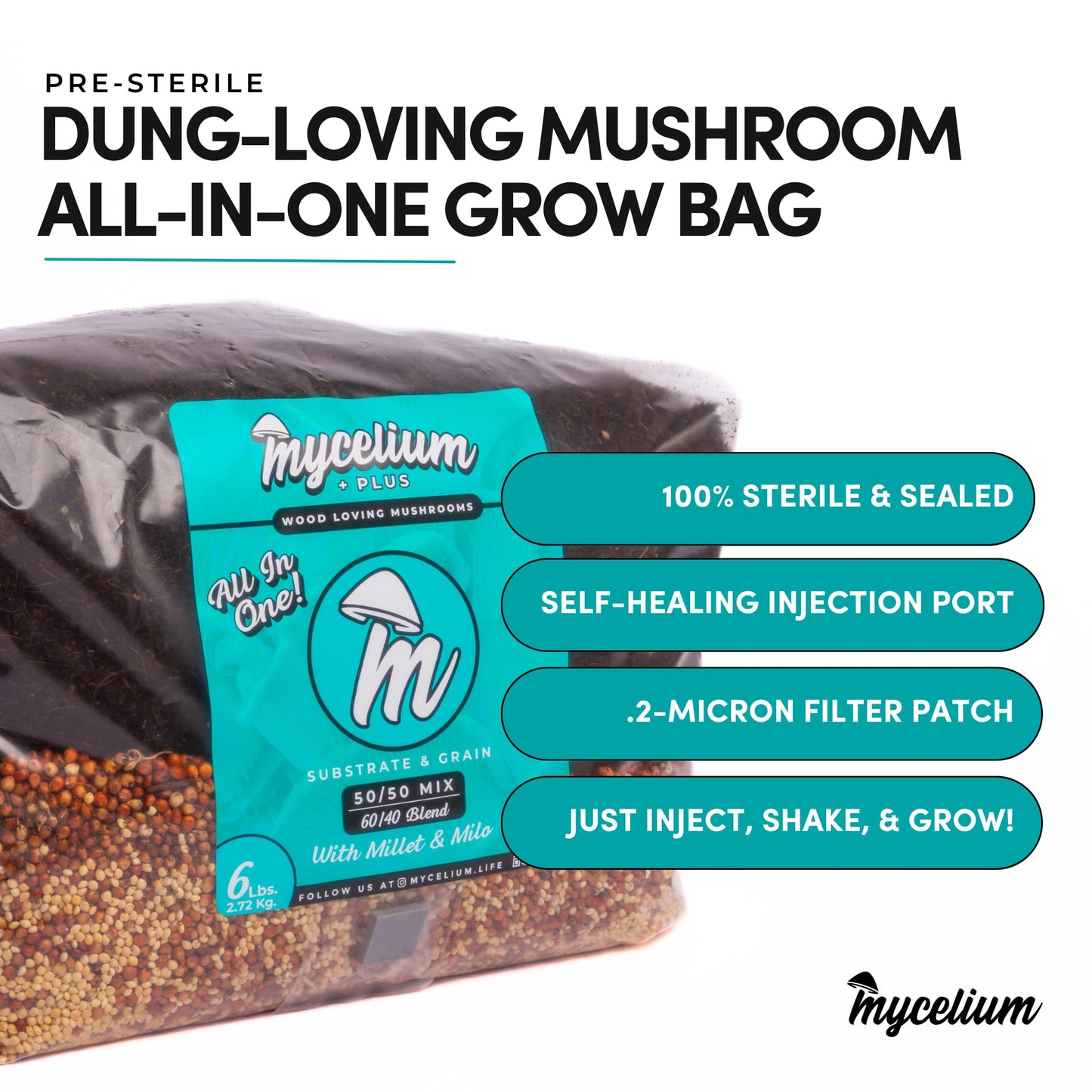 Mycelium dung-loving mushroom grow bag packaging with product features listed.
