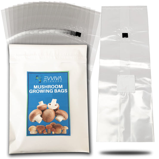 Packaging of Eviva Sciences mushroom growing bags with a blue label showing mushrooms.