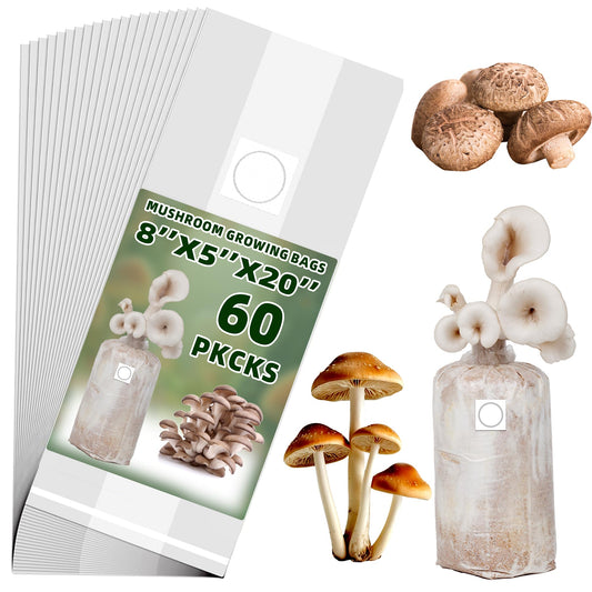 Mushroom growing bags packaging with mushrooms and a decorative vase on a white background