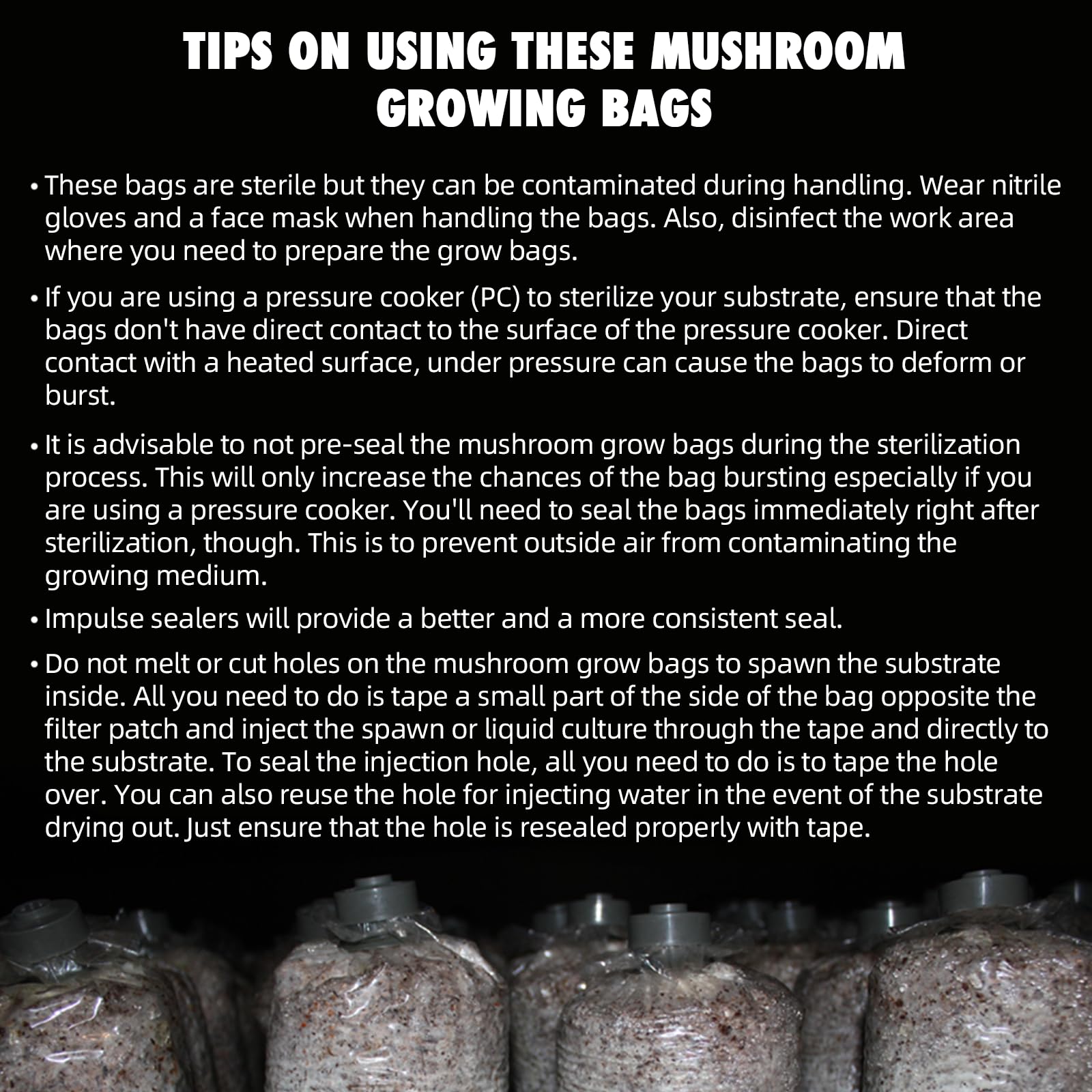 Mushroom growing bags with text on tips for using them safely.
