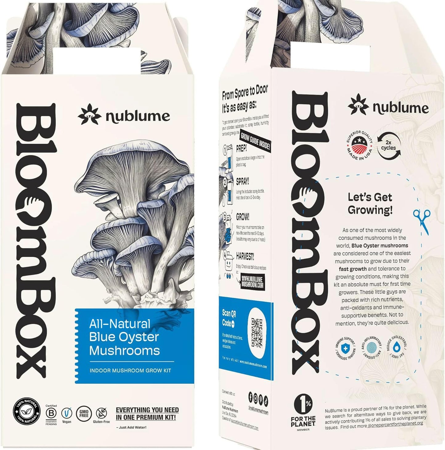 Two 'BloomBox' mushroom grow kits by Nublume on a white background