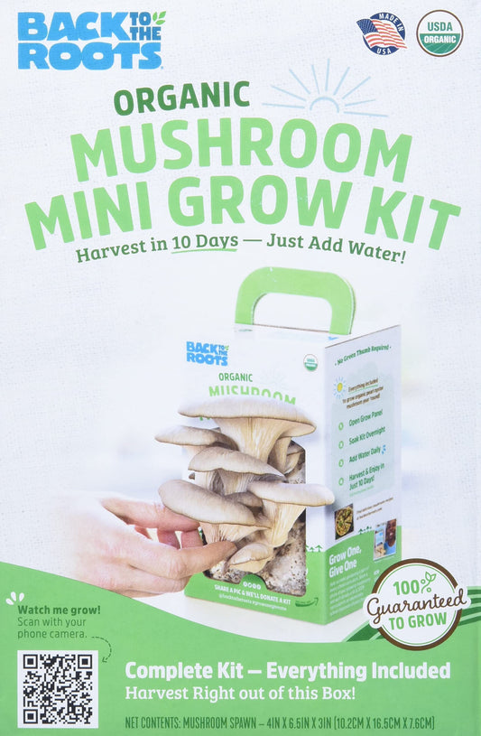 Back to the Roots Organic Mushroom Mini Grow Kit packaging with text and images of mushrooms.