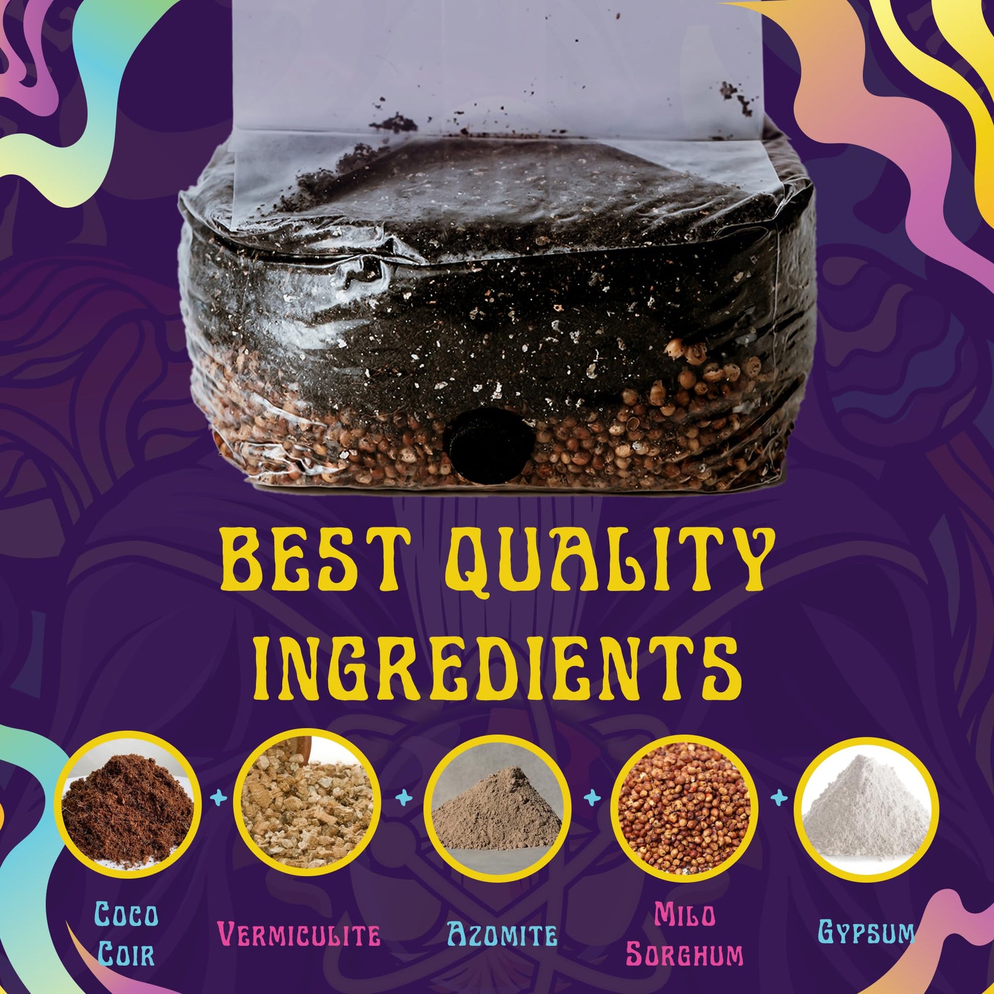 Product packaging with ingredients and text on a colorful background
