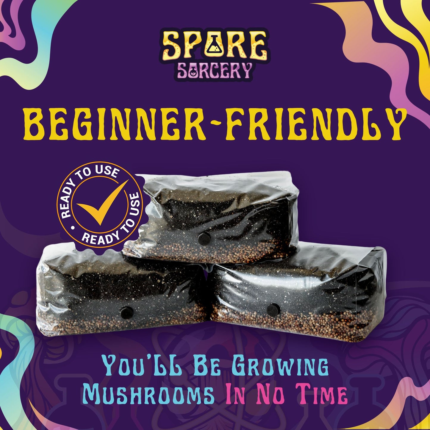 Mushroom growing kits with 'Spare Sorcery' branding on a colorful background