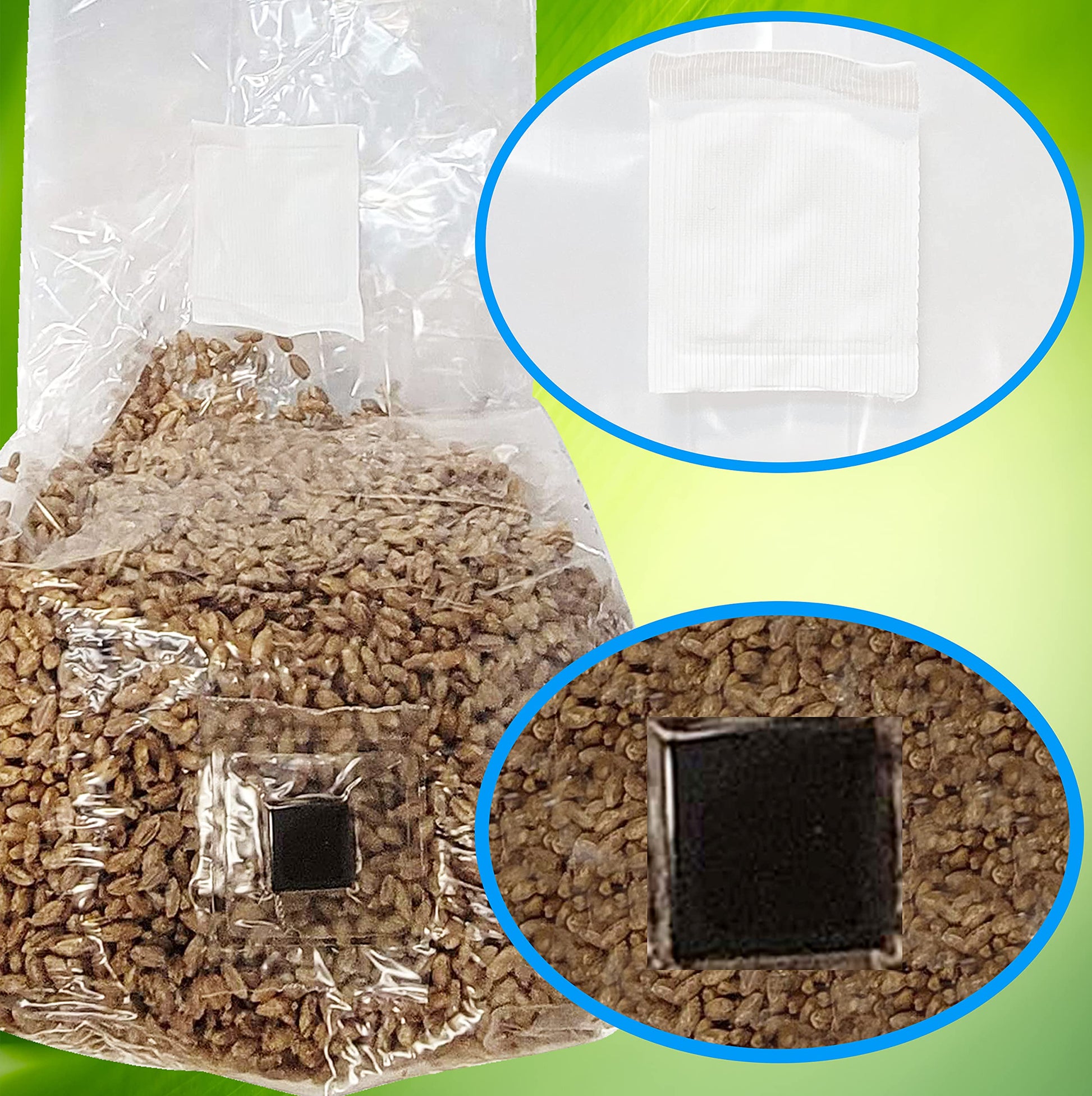 Packaged material with a square black patch, close-up of patch on green background